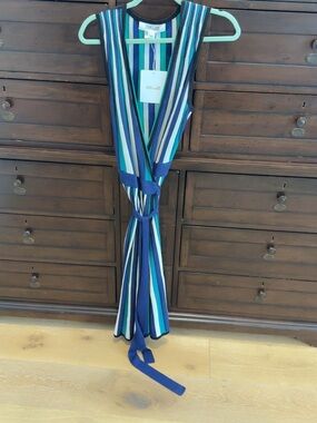 Sleeveless Striped Wrap Dress in Blue, Teal & White